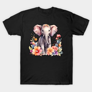 A baby elephant decorated with beautiful watercolor flowers T-Shirt